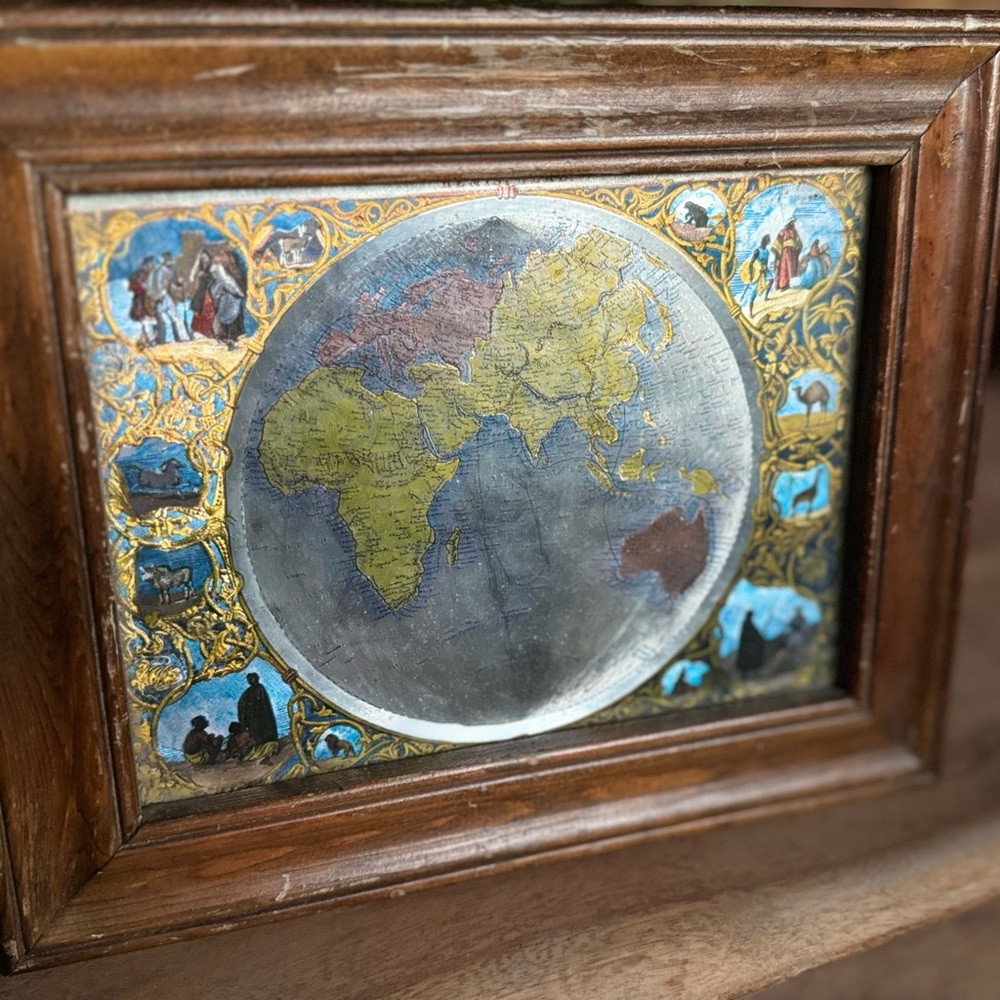 Antique-Style Decorative World Map Plaque in Wood Frame - Blue & Gold set of 2